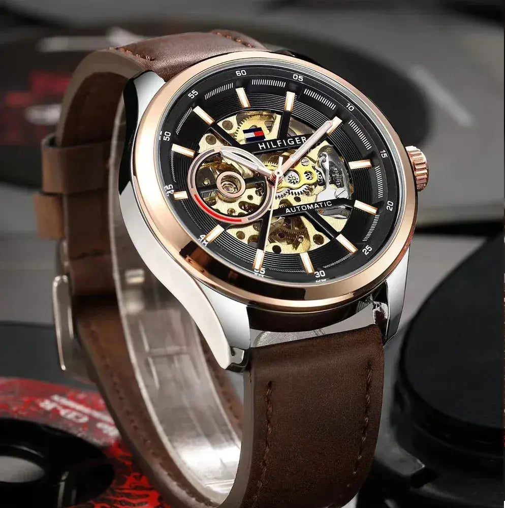 Tommy Hilfiger Watch Automatic Premium Quality Brown Leather Strap Watch