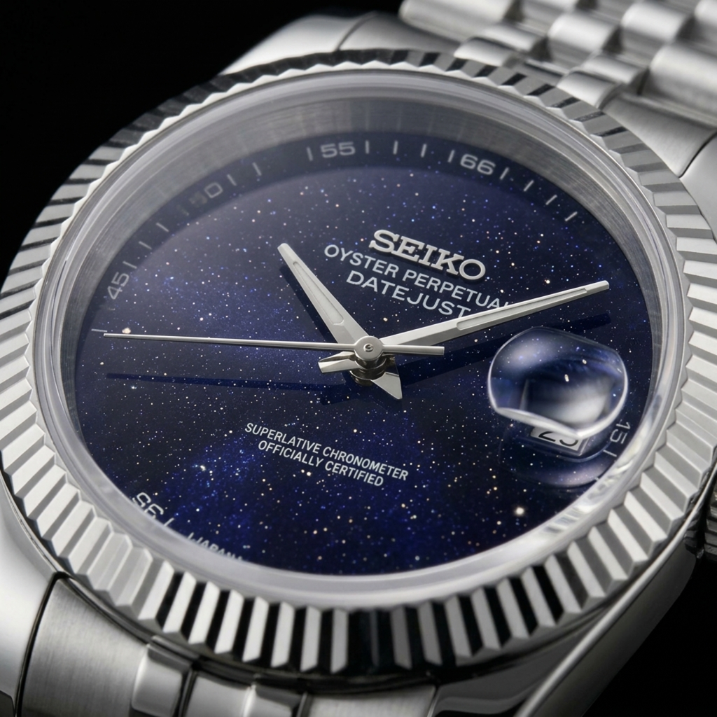 Close-up of SEIJUST Galaxy Burst Stardust dial and fluted bezel